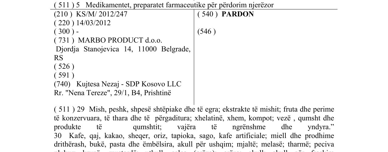 Zëri i markës PARDON në buletin