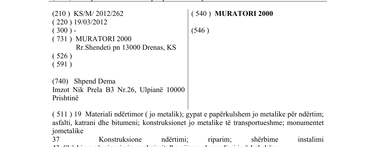Zëri i markës MURATORI 2000 në buletin