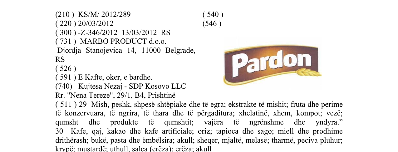 Zëri i markës Pardon në buletin
