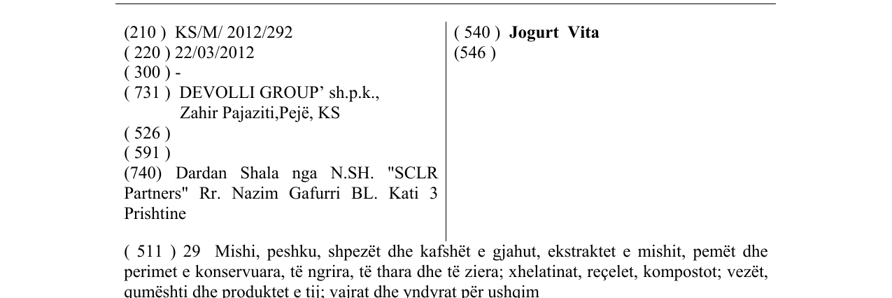 Zëri i markës Jogurt Vita në buletin