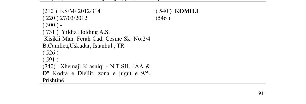Zëri i markës KOMILI në buletin