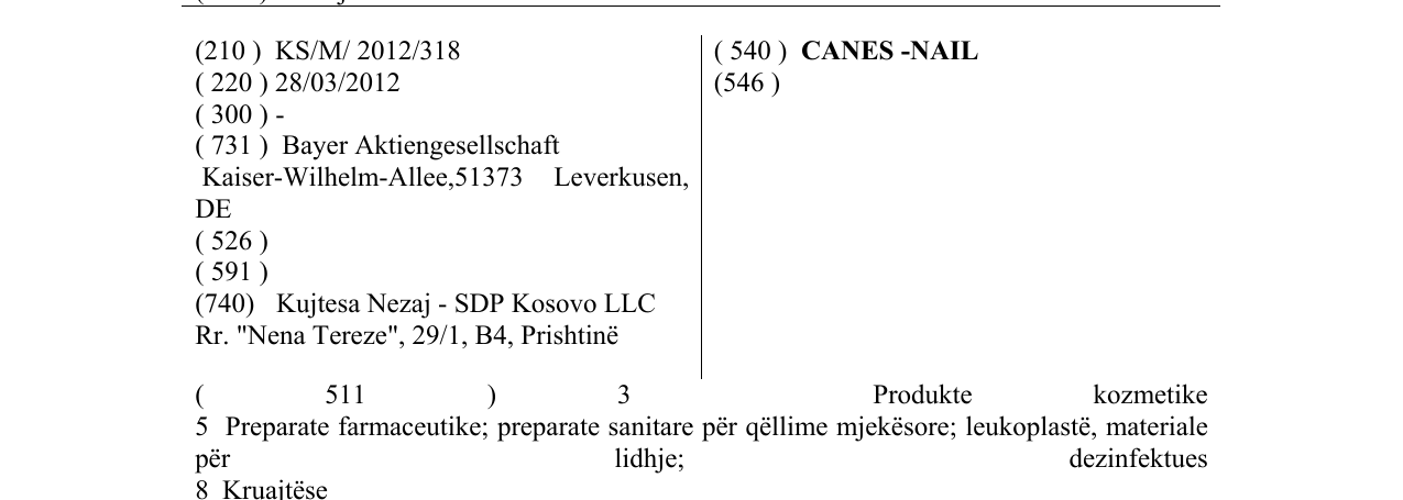 Zëri i markës CANES -NAIL në buletin