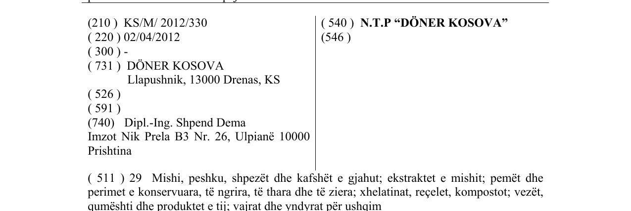 Zëri i markës N.T.P “DÖNER KOSOVA” në buletin