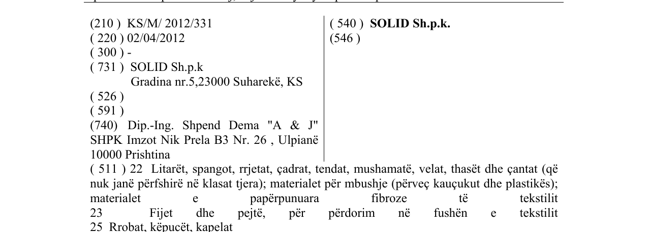 Zëri i markës SOLID Sh.p.k. në buletin