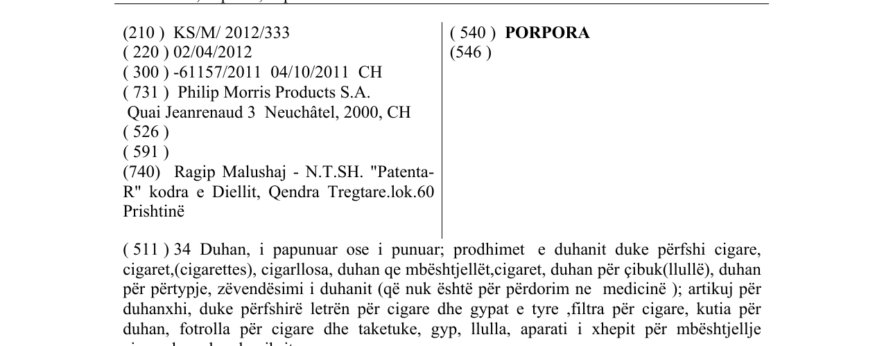 Zëri i markës PORPORA në buletin