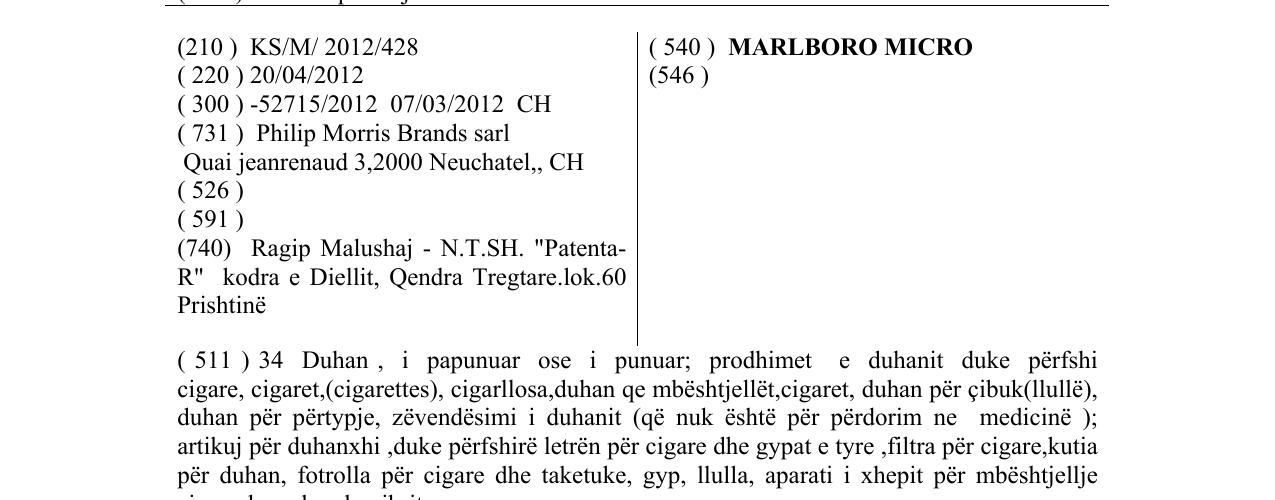 Zëri i markës MARLBORO MICRO në buletin