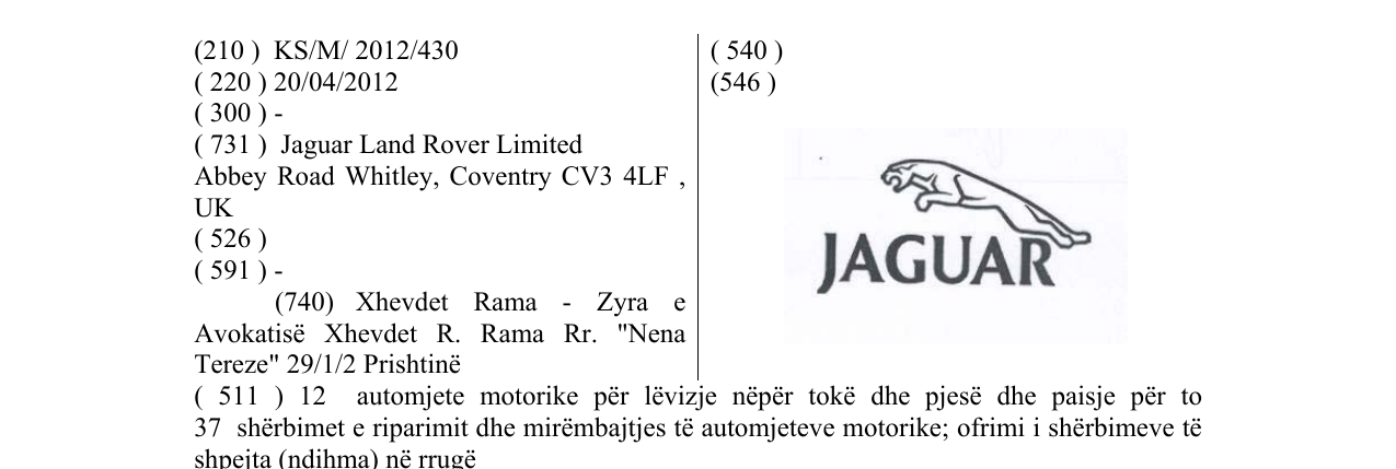 Zëri i markës JAGUAR në buletin