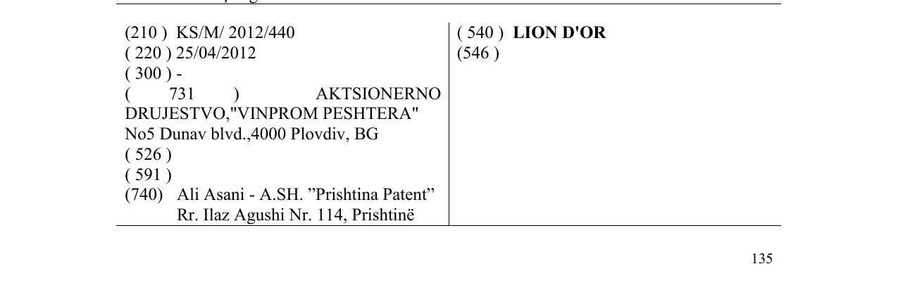 Zëri i markës LION D'OR në buletin