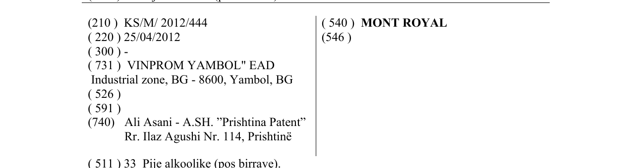 Zëri i markës MONT ROYAL në buletin