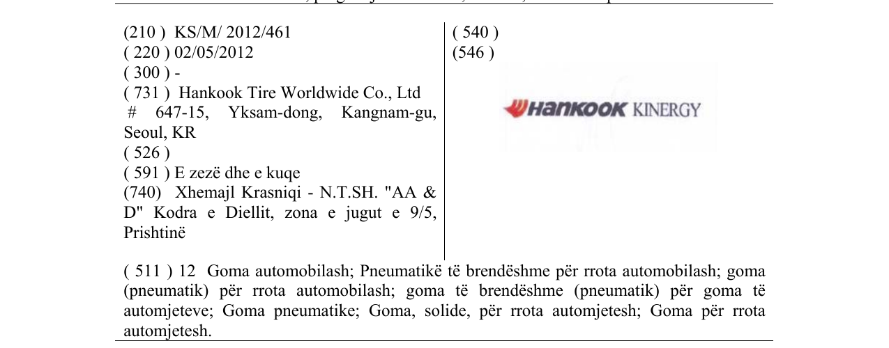 Zëri i markës HANKOOK KINERGY në buletin