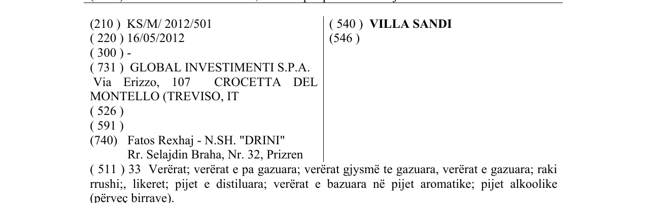 Zëri i markës VILLA SANDI në buletin