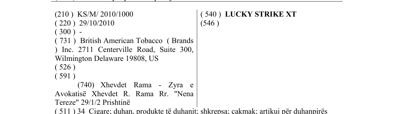 Zëri i markës LUCKY STRIKE XT në buletin