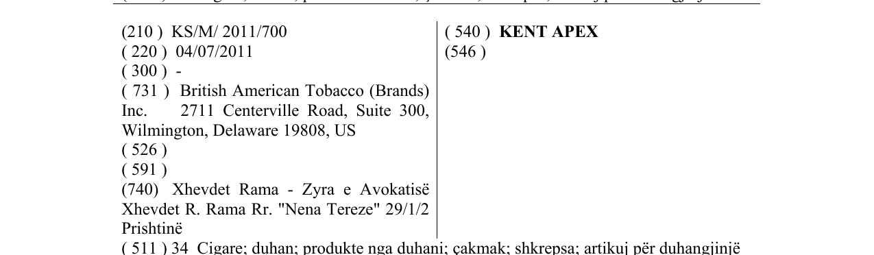 Zëri i markës KENT APEX në buletin