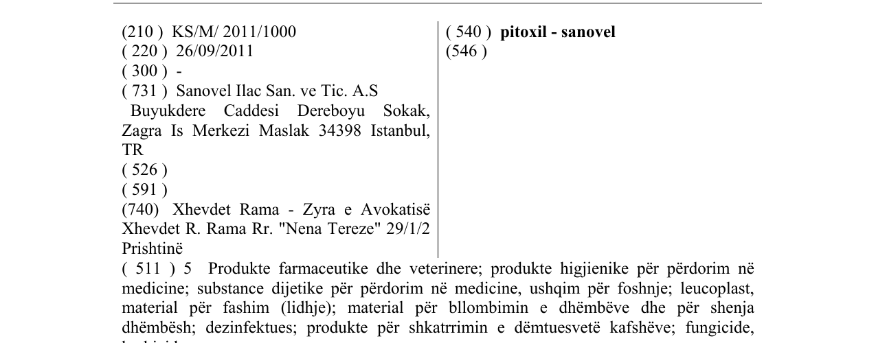 Zëri i markës pitoxil - sanovel në buletin