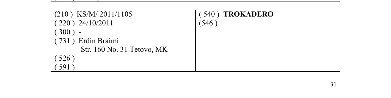 Zëri i markës TROKADERO në buletin