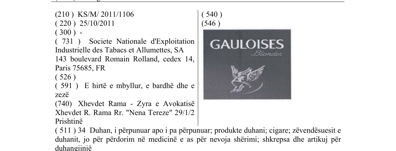 Zëri i markës GAULOISES në buletin