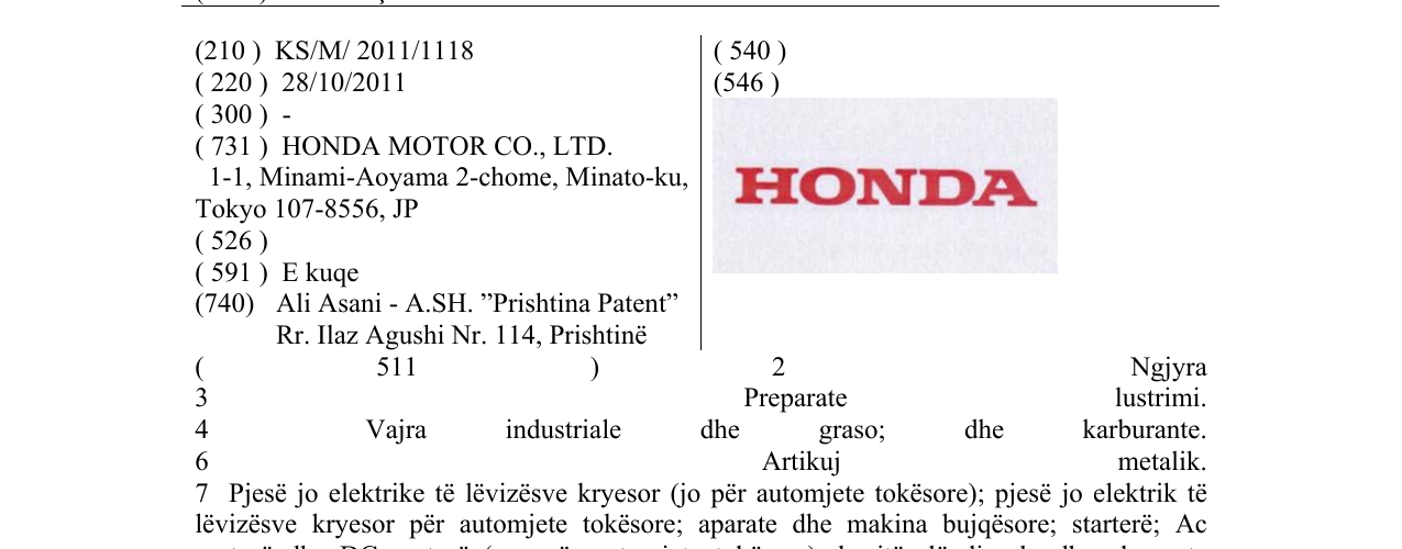 Zëri i markës HONDA në buletin