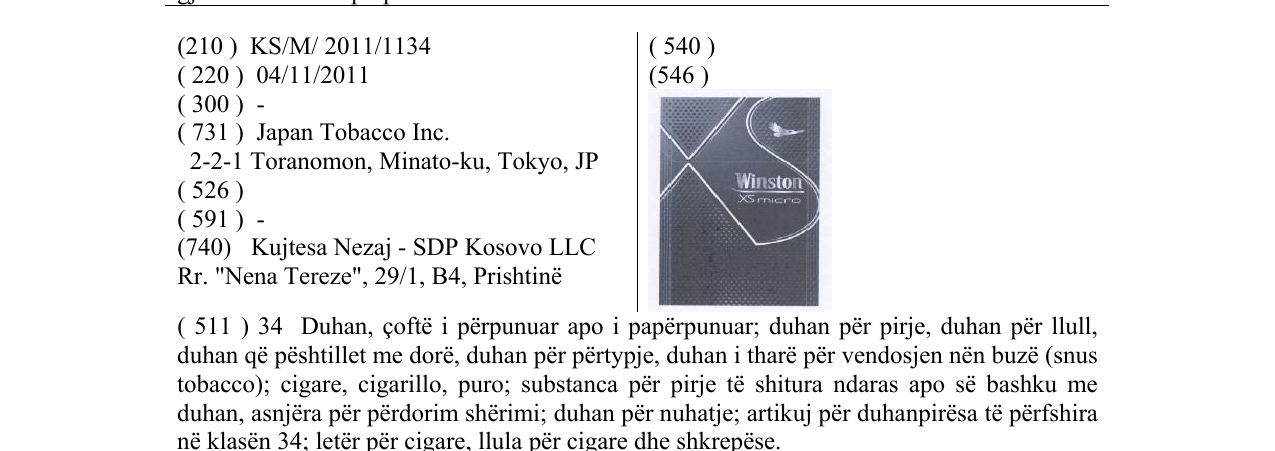 Zëri i markës Winston XS micro në buletin