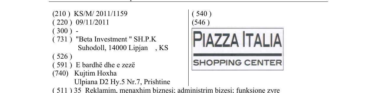 Zëri i markës PIAZZA ITALIA në buletin