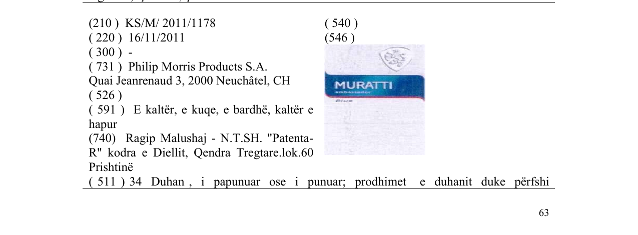 Zëri i markës MURATTI në buletin