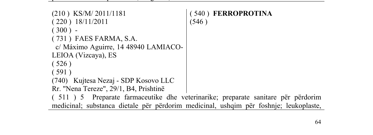 Zëri i markës FERROPROTINA në buletin