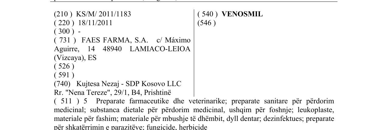 VENOSMIL markasının bültendeki kaydı