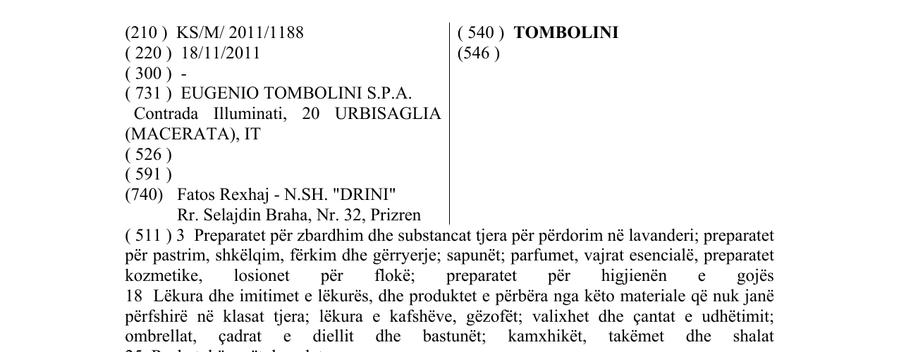 Zëri i markës TOMBOLINI në buletin