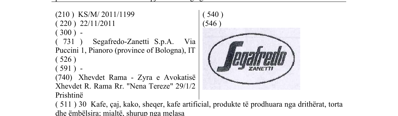 Zëri i markës Segafredo ZANETTI në buletin