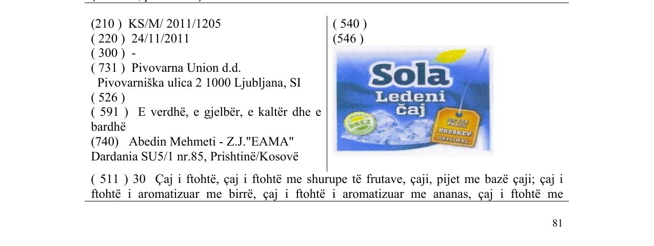 Zëri i markës Sola Ledeni čaj në buletin
