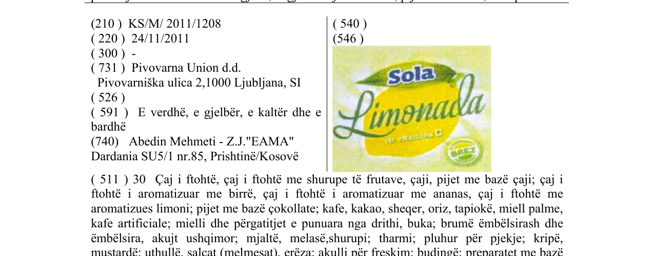 Zëri i markës Sola Limonada në buletin
