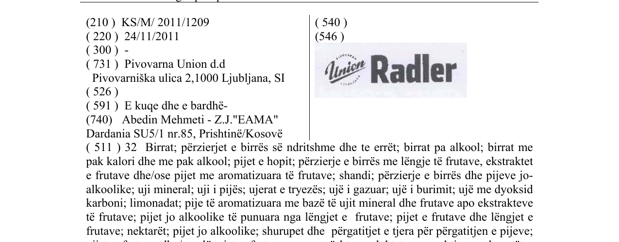Zëri i markës Union Radler në buletin