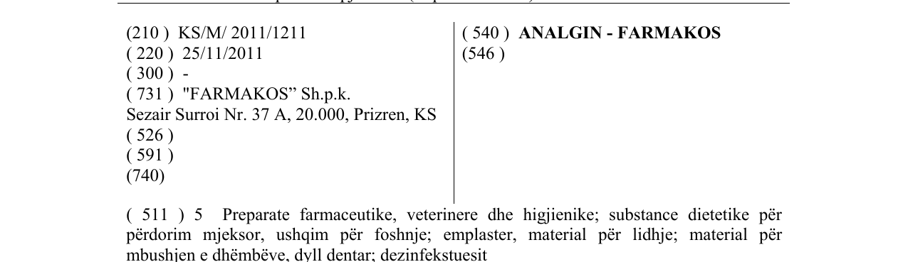 Zëri i markës ANALGIN - FARMAKOS në buletin
