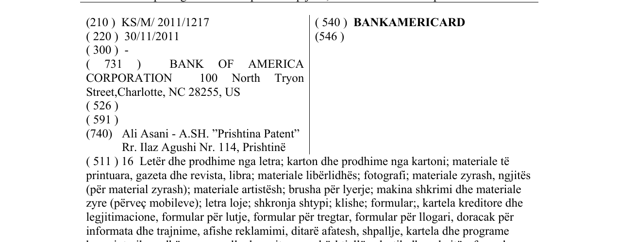 Zëri i markës BANKAMERICARD në buletin