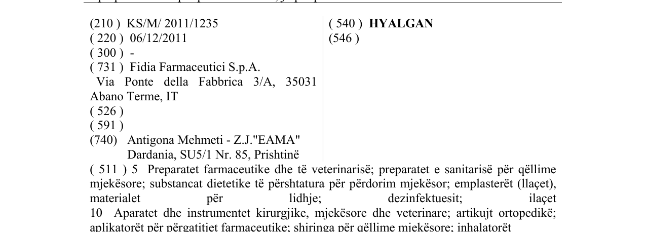 Zëri i markës HYALGAN në buletin