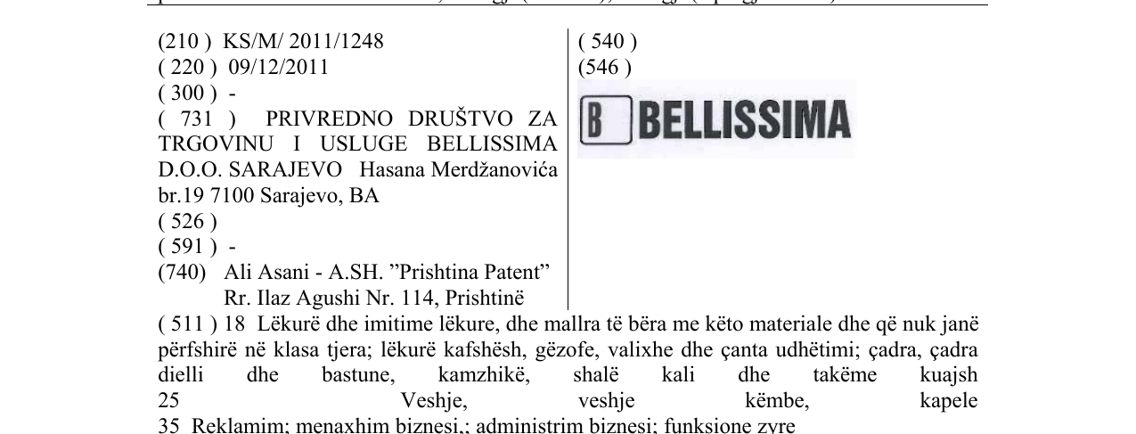 Zëri i markës B BELLISSIMA në buletin