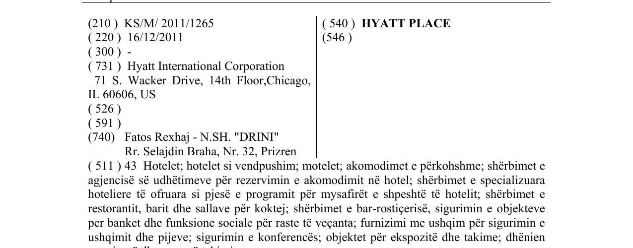 Zëri i markës HYATT PLACE në buletin
