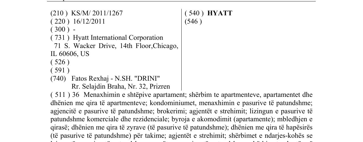 Zëri i markës HYATT në buletin