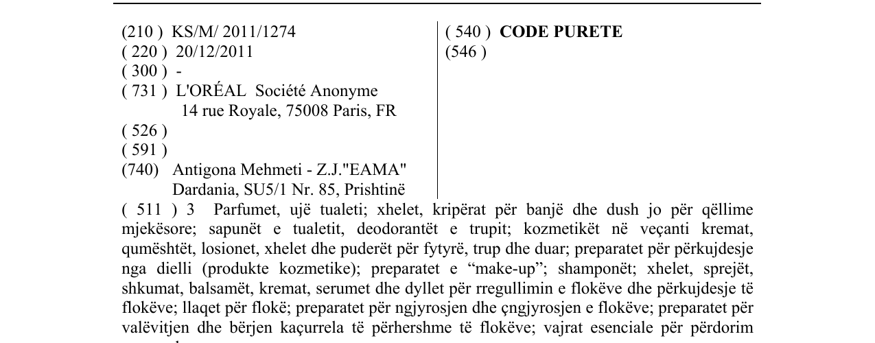 Zëri i markës CODE PURETE në buletin