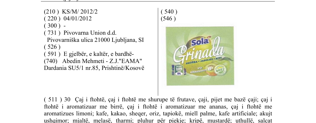 Zëri i markës Sola Grinada në buletin