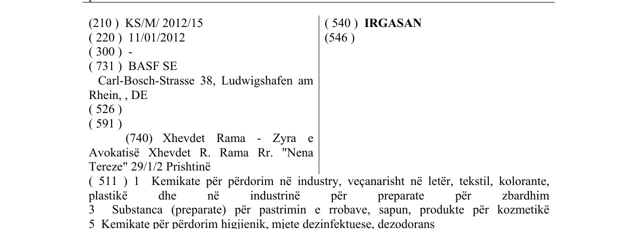 Zëri i markës IRGASAN në buletin