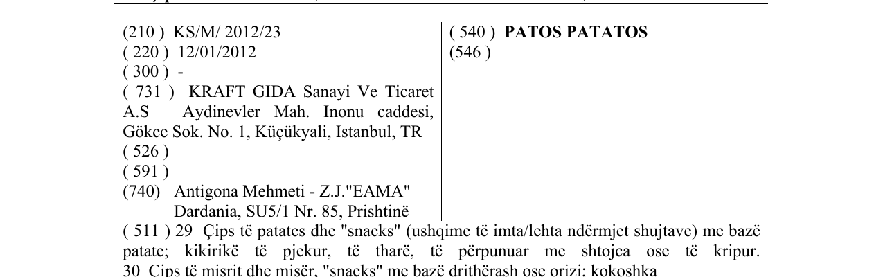 Zëri i markës PATOS PATATOS në buletin