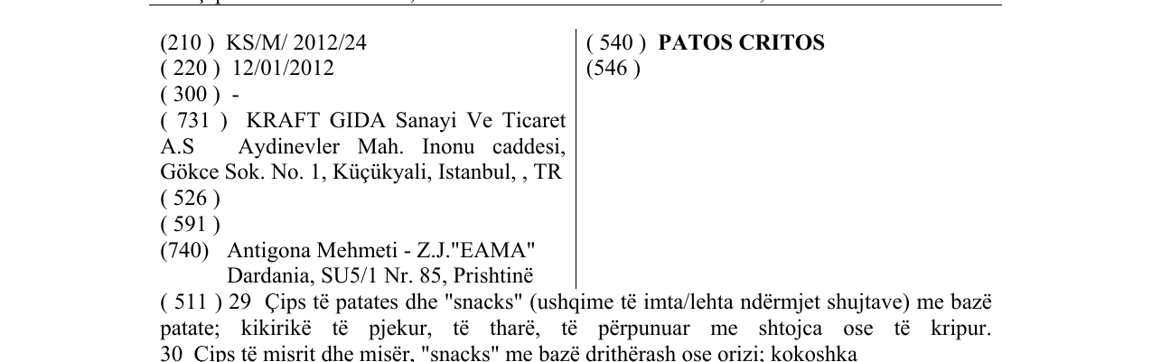 Zëri i markës PATOS CRITOS në buletin