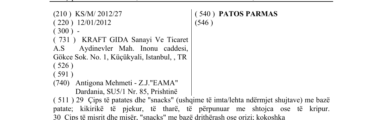 Zëri i markës PATOS PARMAS në buletin