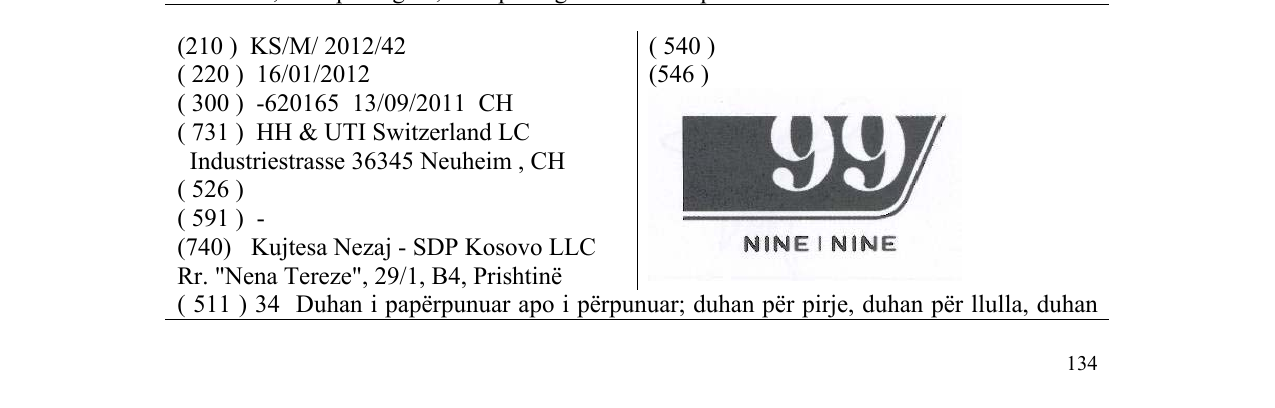 Zëri i markës 99 NINE I NINE në buletin