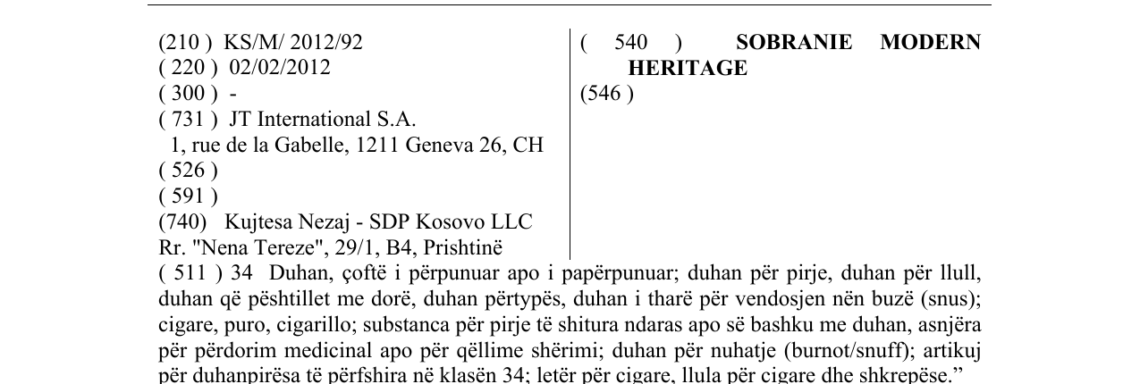 Zëri i markës SOBRANIE MODERN HERITAGE në buletin