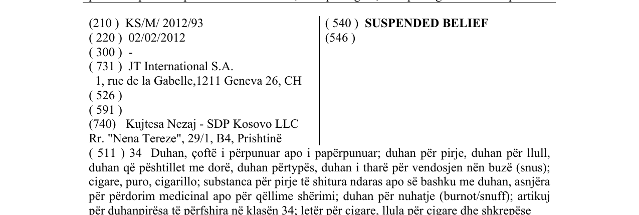 Zëri i markës SUSPENDED BELIEF në buletin