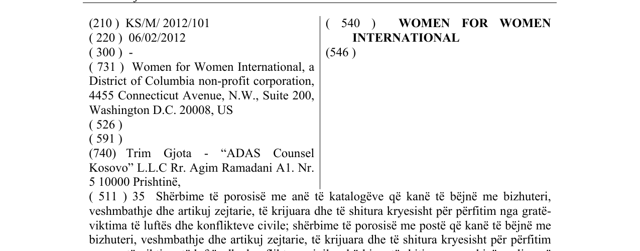 Zëri i markës WOMEN FOR WOMEN INTERNATIONAL në buletin