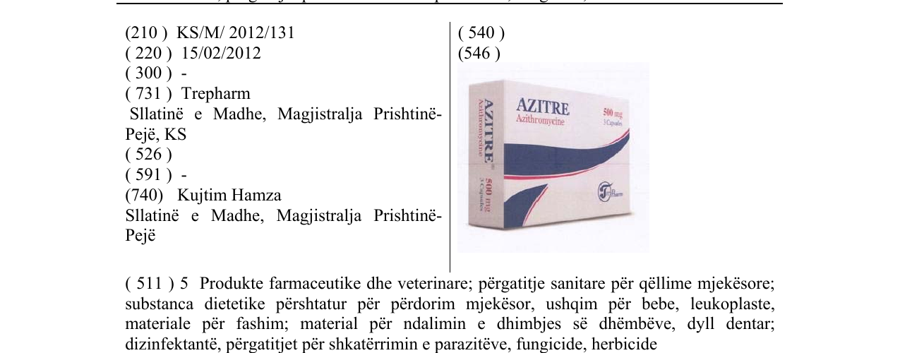 Zëri i markës AZITRE Azithromycine në buletin