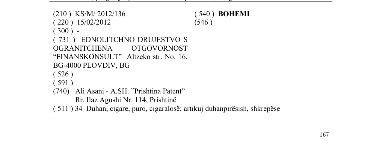 Zëri i markës BOHEMI në buletin