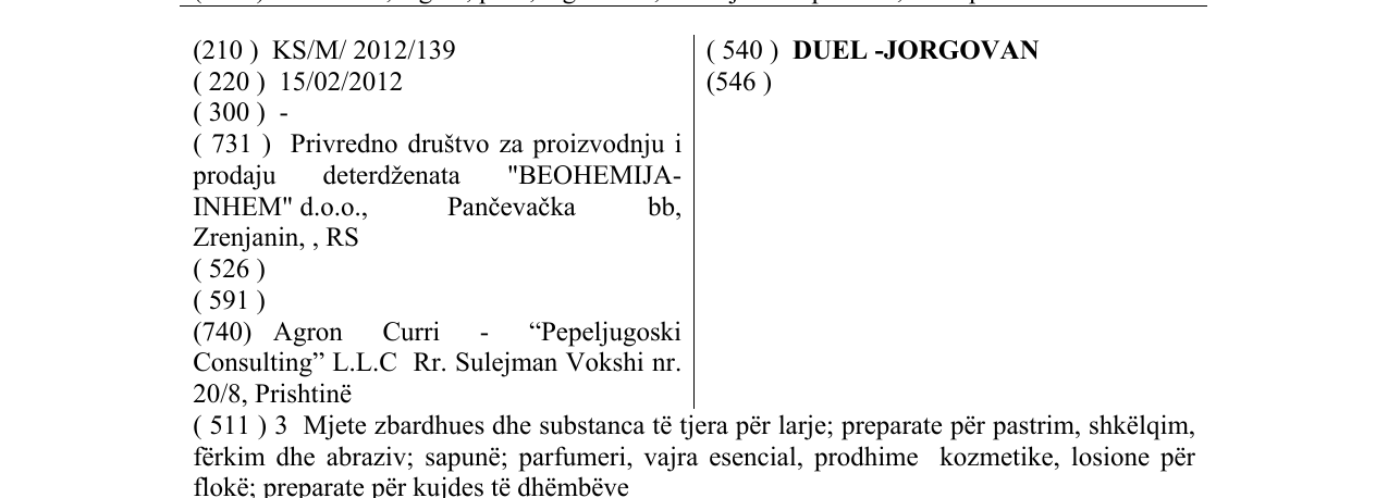 Zëri i markës DUEL -JORGOVAN në buletin